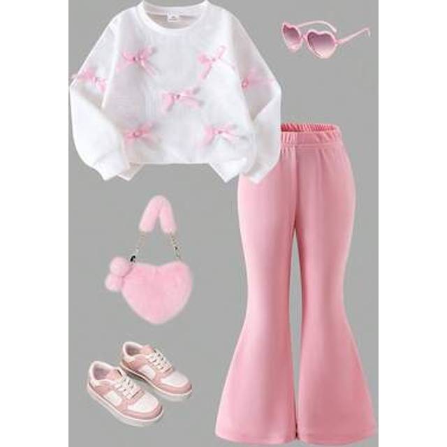 SHEIN 2pcs/Set Girls (Small) Knitted Textured Striped Long Sleeve Pink Flare Pants & Bow T-Shirt Set, Comfortable Casual Sweet Outfit For Autumn Fall Winter