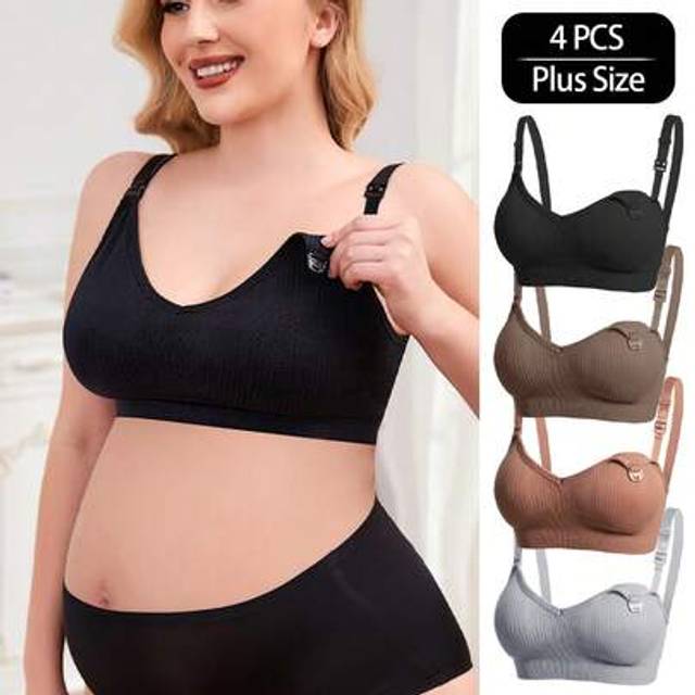 SHEIN 4pcs/Set Plus Size Maternity & Nursing Bras, Front Closure Sexy Breastfeeding Bra, Wireless Comfortable Anti-Sagging