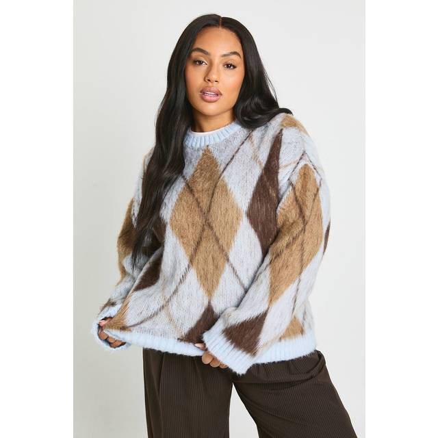 Womens Plus Brushed Argyle Oversized Jumper - Blue - 24-26, Blue