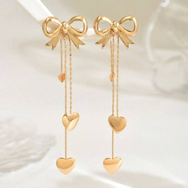 SHEIN 1 Pair Valentine&#39;s Day Gift Simple Collarbone Tassels Heart Bow Earrings