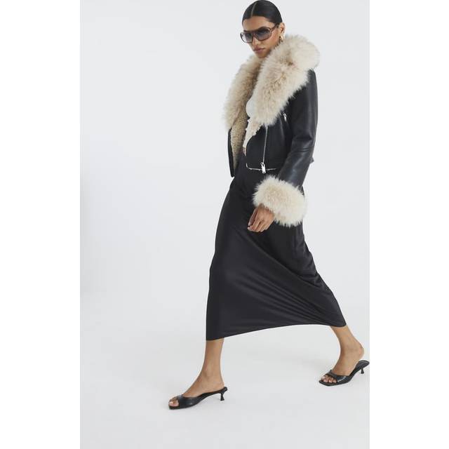 River Island Womens Black Faux Fur Faux Leather Biker Jacket - 14