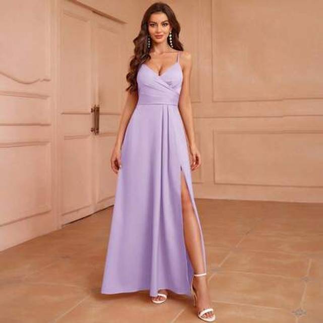 SHEIN Adult Bridesmaid Dress With Pleated Front, Side High Slit, And Spaghetti Straps, Solid Color