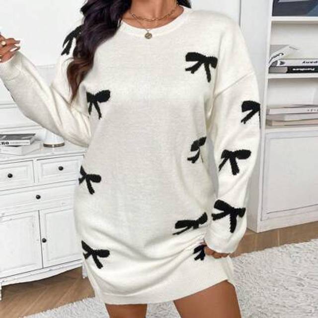 SHEIN Plus Size Casual & Elegant Leopard Pattern Jacquard Beaded A-Line Dress, For Winter