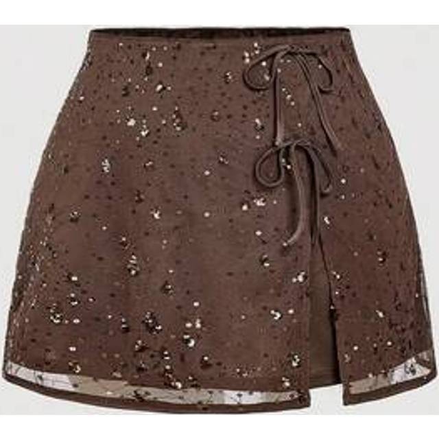 SHEIN Christmas Plus Size Women&#39;s Brown Sequins Butterfly Tie Waist Mini Skirt,Western Wear Women,Vacation,Beach,Boho,Western,Birthday Outfits For Women,Cou