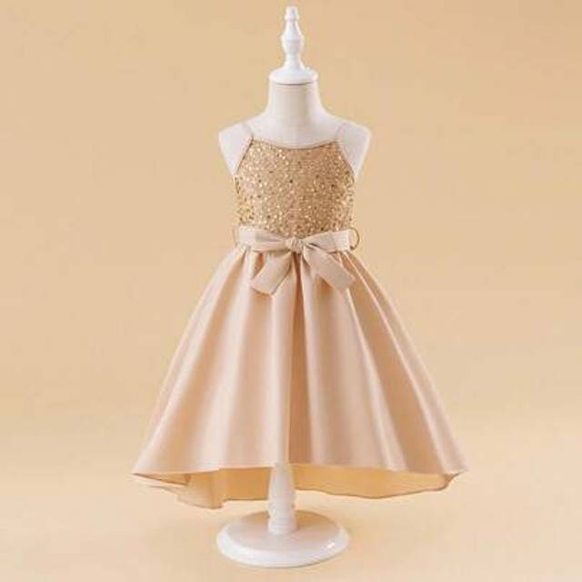 SHEIN Young Girl&#39; Cute, Elegant, Luxurious Champagne Color Sequin Strap Dress, Party Dress Champagne Dress For Girl Fall Winter