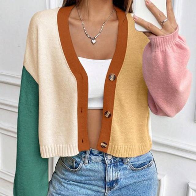 Chiquease Women&#39;s Contrast Color Loose Cropped Cardigan, Sweet College Style Knit Sweater Jacket