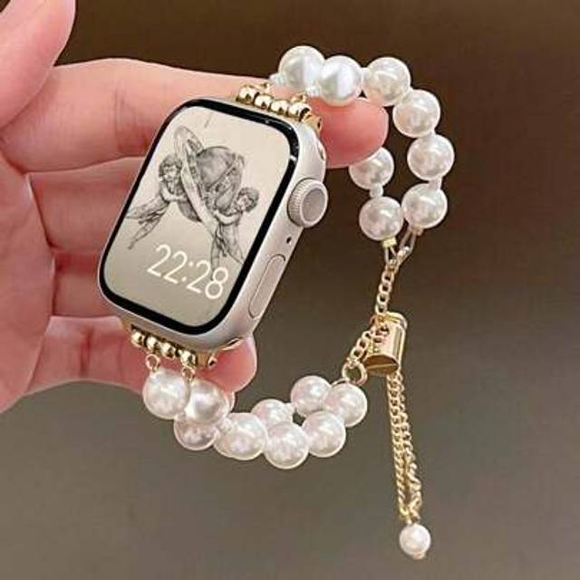 SHEIN 1pc Women&#39;s Luxury Extendable Metal Gold-Tone Pearl Chain Watch Band Strap Fits 38/40/41/44/45/49/42/46mm For Apple Watch S11/SE3/Ultra3/Ultra/SE/SE2/
