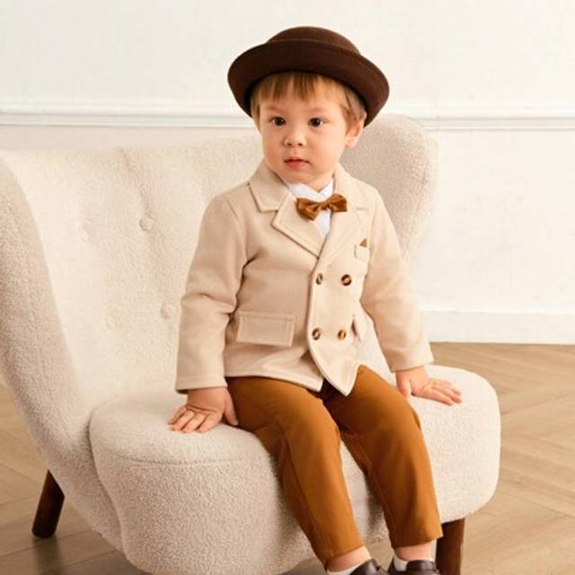Souflis 2pcs Baby Boys Khaki Lapel Double-Breasted Wool Blend Jacket And Brown Trousers Gentleman Suit Set With Bow Tie , Suitable For Autumn/Winter Occasions