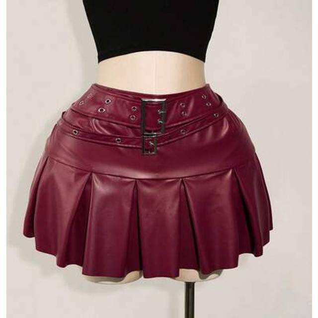 SHEIN Plus Size Leather Belt Buckle Metal Decor Waist Belt & Pleated Mini Skirt Burgundy Skirt Belt Skirt Leather Skirt