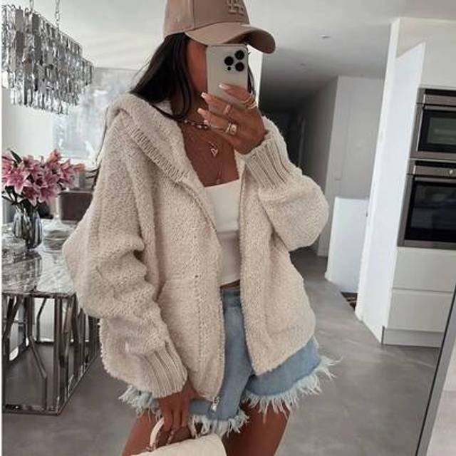 SHEIN Women&#39;s Solid Color Knit Cardigan With Zipper Pockets, Daily Wear