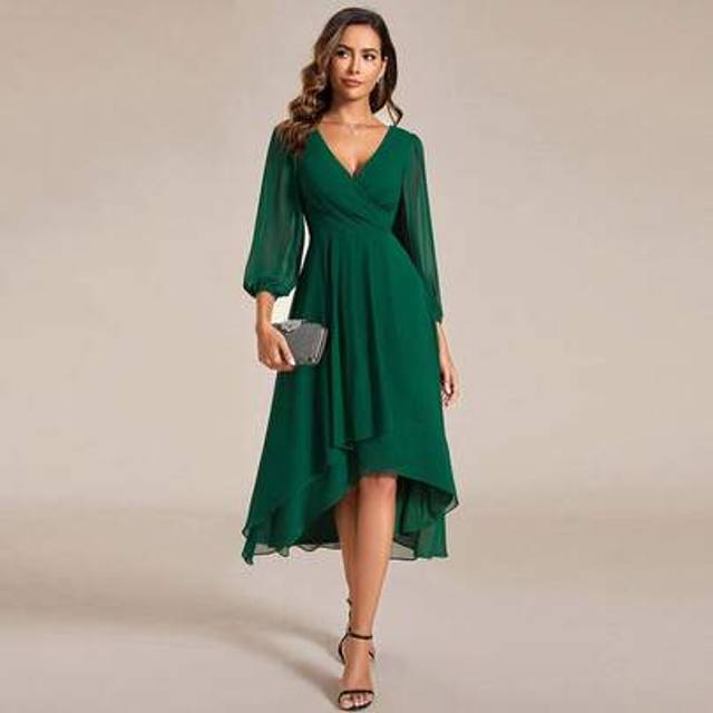 SHEIN Fall Elegant Lantern Sleeves Pleated Chiffon Dark Green Long Sleeve Bridesmaid Dresses Formal Dress Winter Wedding Guest Gown