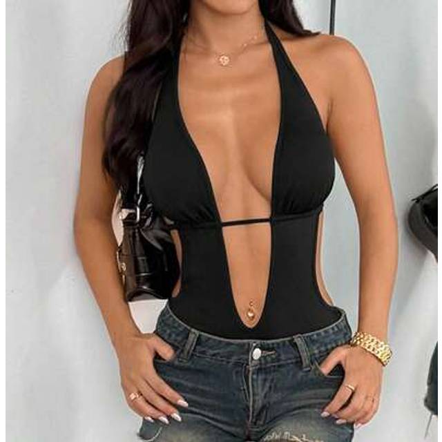 SHEIN Black Deep V-Neck Backless Halter Bodysuit, Super Stretchy & Soft, Comfortable Sexy Bodysuit For Party, Vacation, Casual Gathering, Daily Wear, Suitab