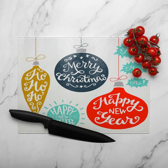 vintage christmas baubles with merry christmas dining glass chopping board