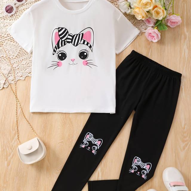 TEMU Adorable Cat Print Girls' Outfit Set - Comfy Polyester Short Sleeve Tee & Long Pants, Machine Washable - Summer, Outdoor