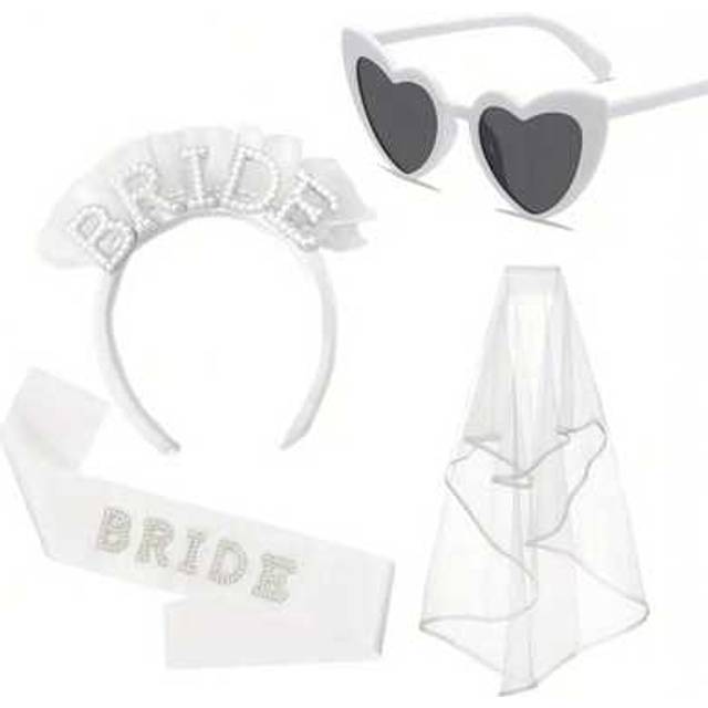 SHEIN 4pcs Bride To Be Party Accessories Pearl Bride Headband With Veil Sash Heart Glasses For Bachelorette Party Decorations Bridal Shower Hen Party Access