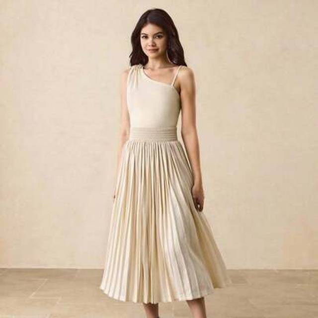 SHEIN Teen Girls Elegant Minimalist Fashion Graceful Elegant Waist Cinched Mid-Length Solid Color Satin Glossy High-End Pleated Long Dress, Champagne Color,