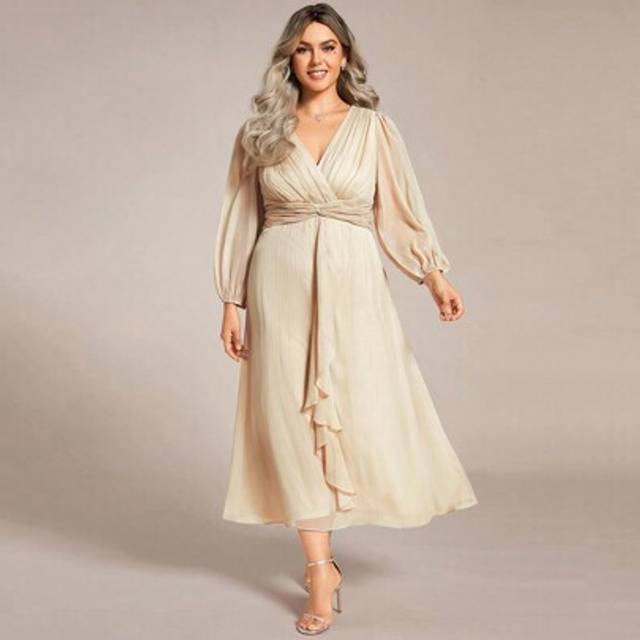 SHEIN Plus Size Elegant Ruffle Hem Twist Detail Bridesmaid Dress Long Sleeve Champagne Formal Dress Fall Wedding Guest Dresses