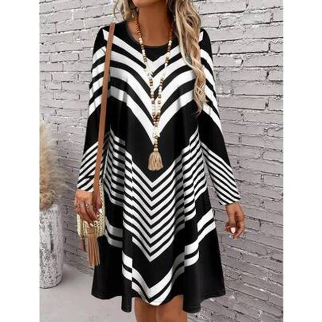 SHEIN Women&#39;s Long Sleeve All-Over Print Dress - Round Neck Casual Maxi Dress, Flowy Boho Everyday Dress, Loose Fit Spring/Fall Dress For Women,Leisurely Sh