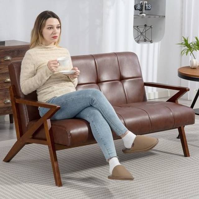 Homcom Compact 2 Seater Sofa, Vintage Tufted Loveseat Sofa With Solid Wood Legs, Pu Leather Small Couch Settee For Living Room, Bedroom, Home Office,