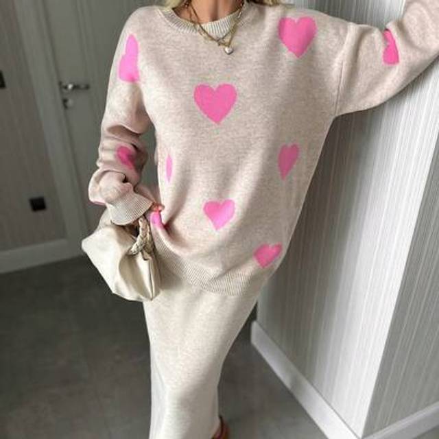 Quick Fashionhub Women Round Neck Drop Shoulder Heart Pattern Sweater And Weater Skirt 2 Pieces Outfit Sets Co-Ords Two Piece Sweater Set Women 2 Piece Knit Set Women