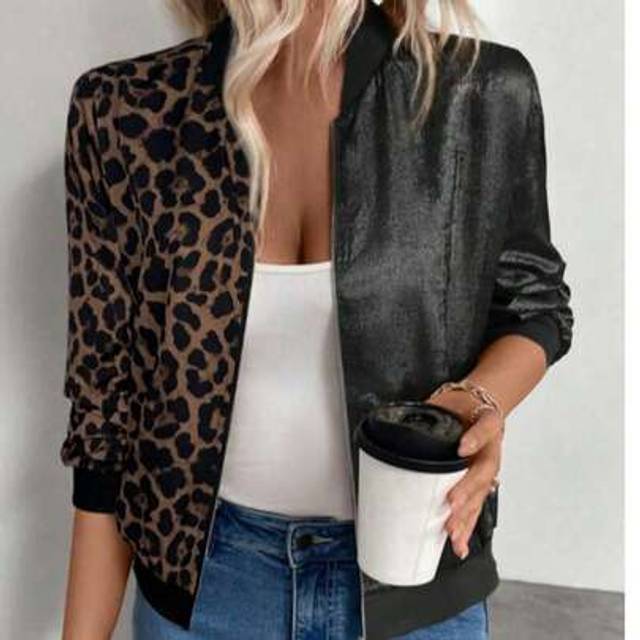 SHEIN Women&#39;s Lightweight Leopard Print Long Sleeve Zip Up Casual Baseball Jacket, KeKe Wanli Brand, Fashionable Regular Fit