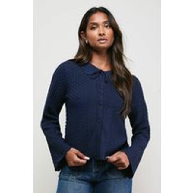 Oasis Trumpet Sleeve Textured Cardigan In Navy - navy