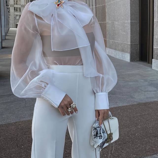 TEMU Elegant Plus Size Women's Blouse With Sexy Bow Collar, Bubble Sleeves, And Pearl Accents - Chic Solid Color Non-stretch Fabric For All , Plus Size Blouses