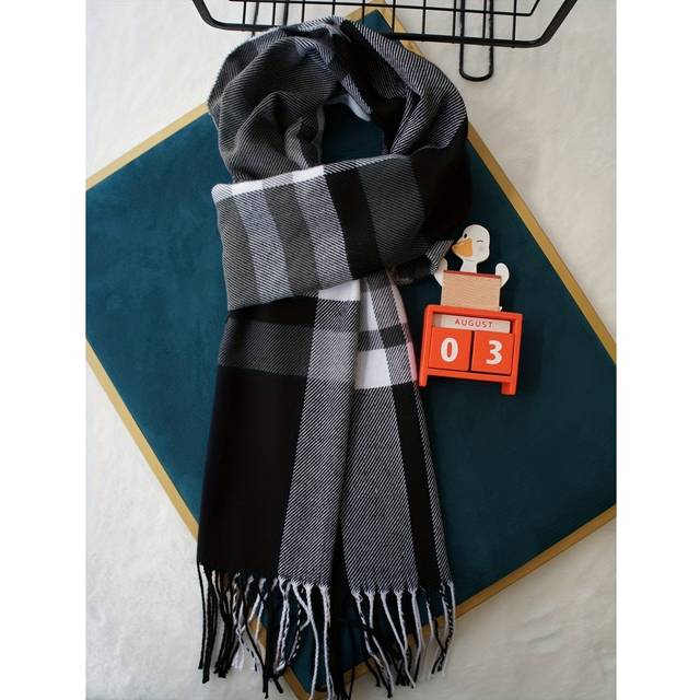TEMU Vintage Scarf - Polyester 100% Woven Warm Scarf With Tassels, Hand Washable, Unisex Fashion Accessory