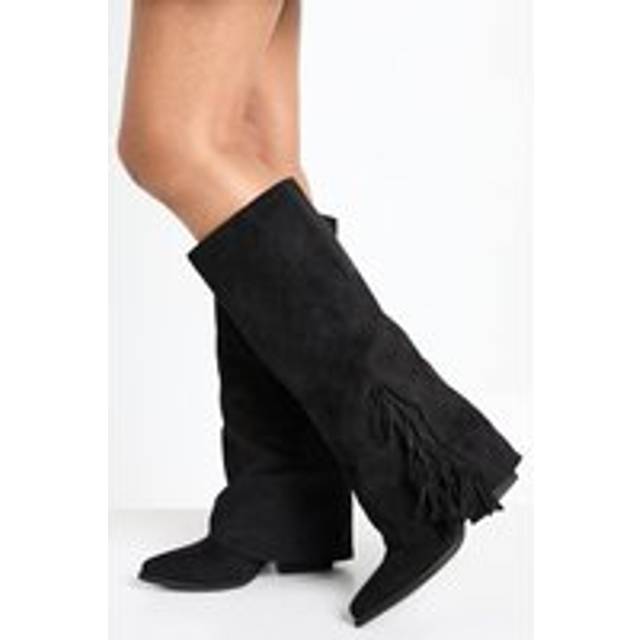 Womens Faux Suede Knee High Fringe Western Boots - Black - 5, Black