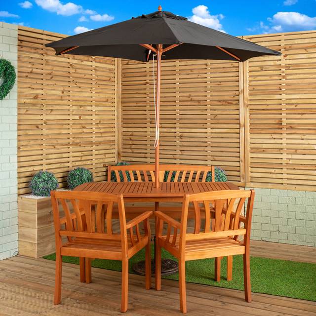 Samuel Alexander 4 Seater Wooden Garden Dining Bench Set with Black Parasol and Base - Brown