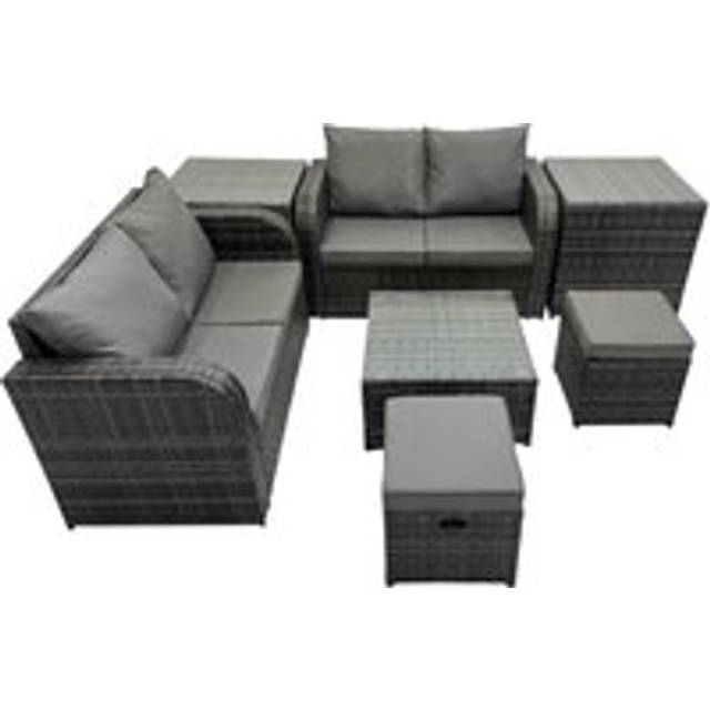 Fimous Rattan Garden Outdoor Furniture Set Love Sofa Square Coffee Table Set with 2 Side Tables 2 Small Stools Dark Grey Mixed