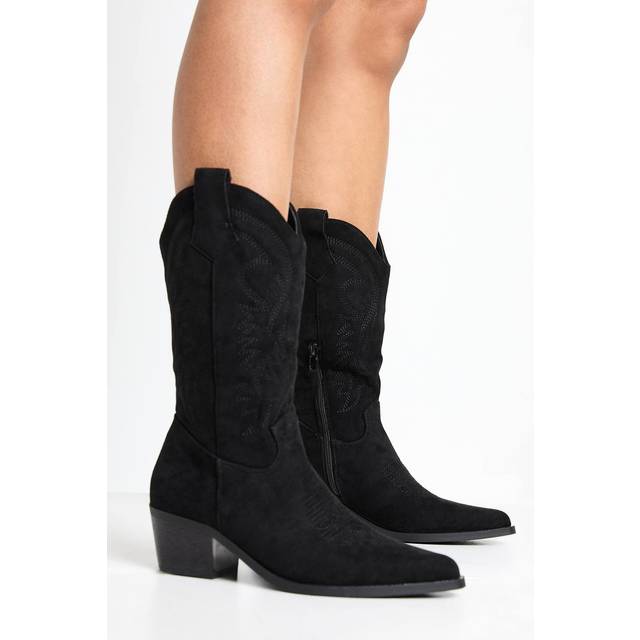 Womens Faux Suede Calf High Embroidered Western Boots - Black - 3, Black