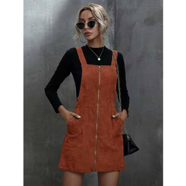 SHEIN Corduroy O-Ring Zipper Mini Pinafore Dress