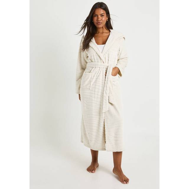 Womens Animal Print Jacquard Hooded Long Dressing Gown - Cream - 12, Cream