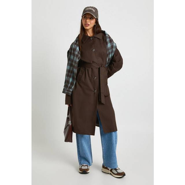 Womens Check Cuff Detail Collared Trench Coat - Brown - 16, Brown