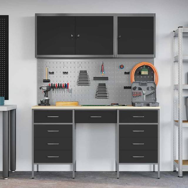 Work Cabinet With Drawer 8 Pcs Black 150 X 55 X 200 Cm (200cm H X 150cm W X 55cm D)