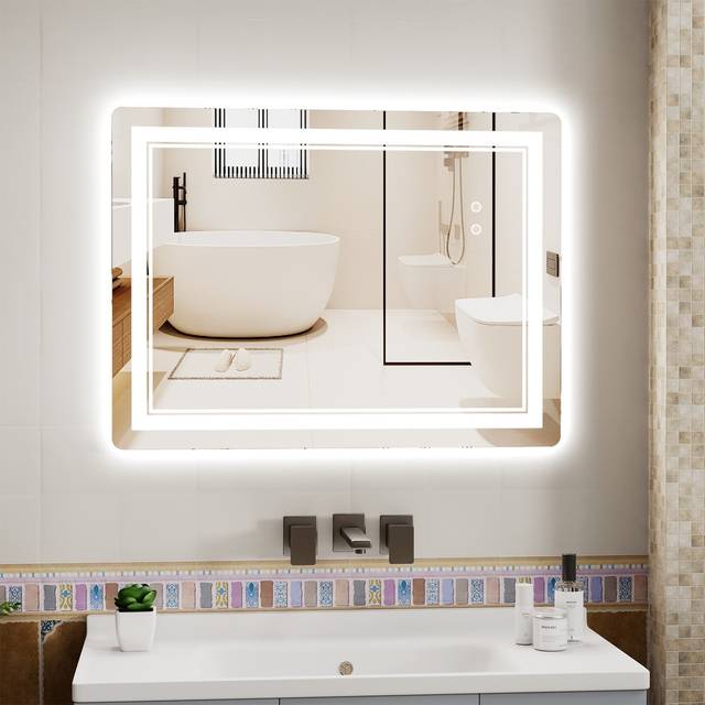 LED Bathroom Mirror with Anti-Fog, 3-Color Dimmable Lights, Memory Function, Horizontal/Vertical, Small (50x70cm)