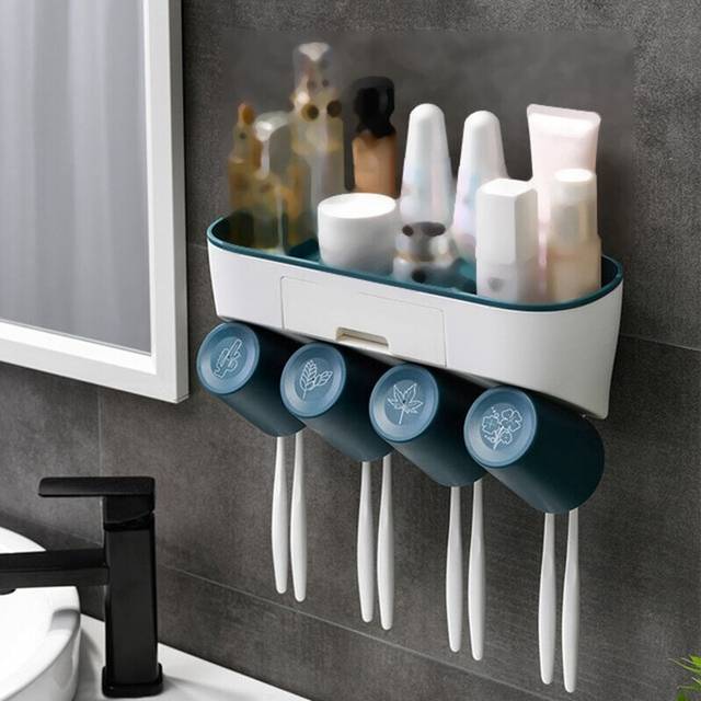 New Wall Mounted ABS Toothbrush Holder With Cups Automatic Toothpaste Squeezer Dispenser