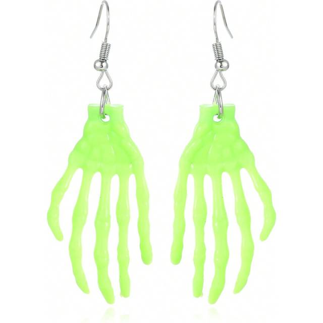 (49# Green Skeleton Hand Earrings) New Halloween horror ghost pumpkin skeleton hand earrings exaggerated retro spider diamond earrings