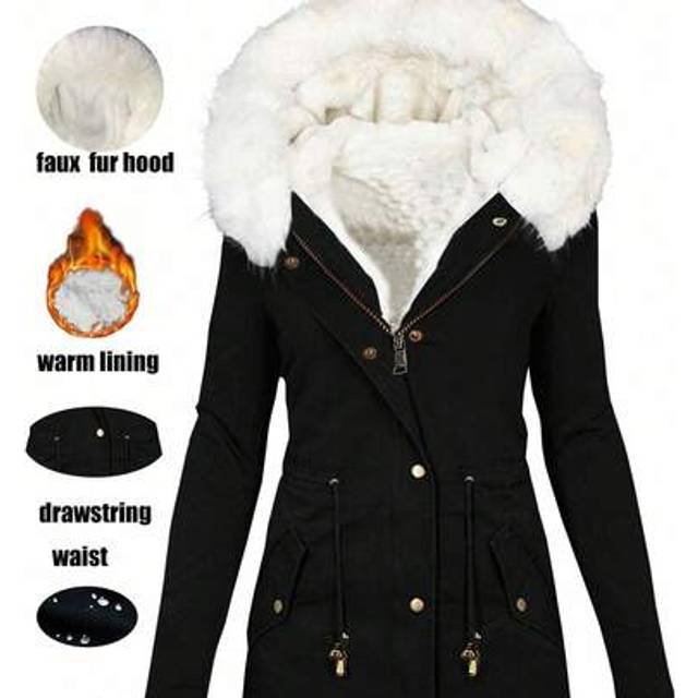 SHEIN Women Winter Coat Long Sleeve Faux Fur Hood Button Down Long Coats Fall Casual Fleece Linning Warm Thermal Jackets Black
