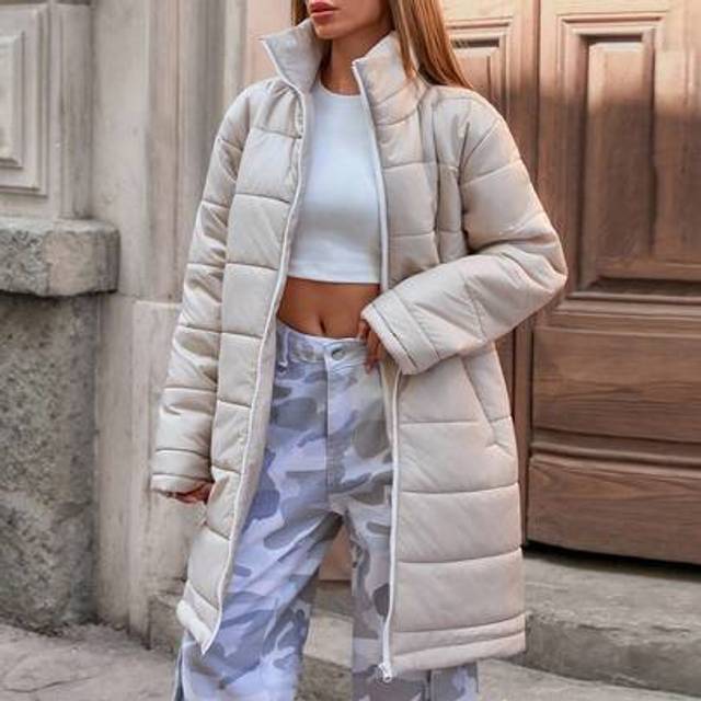 SHEIN Women&#39;s Casual Everyday Simple Solid Color High Collar Zip-Up Long Padded Coat, Winter