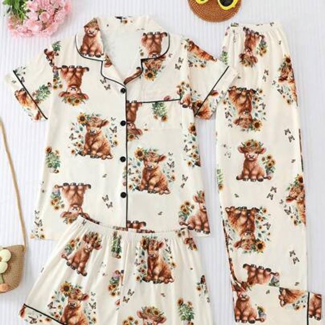 SHEIN 3pcs Set Women Short Sleeve Pajamas, Includes Shorts And Long Pants, Collared Button Down Shirt, Cute Cow Pattern, Comfortable Loose Fit, Suitable For