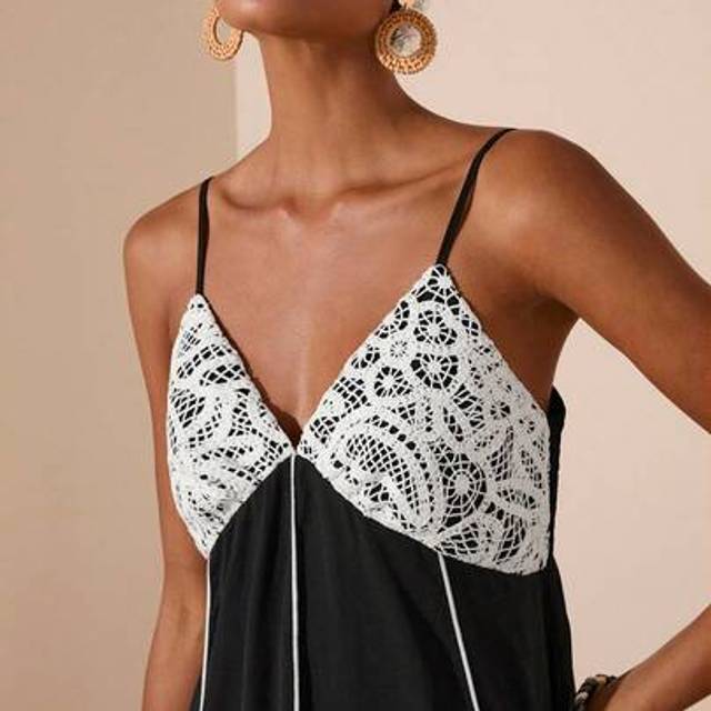 Travachic Boho Contrast Piping Lace Bustier Slip Dress Midi Resort Dress Lace Midi Dress,Chic Autumn,Going Out Outfit,Elegant Outfits,Country Style For Women, C