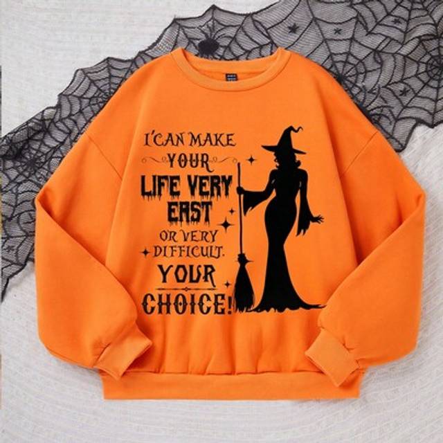 SHEIN Casual Minimalist Printed Pattern Crew Neck Loose Fit Thick Sweatshirt For Women, Suitable For Halloween, Witch Print