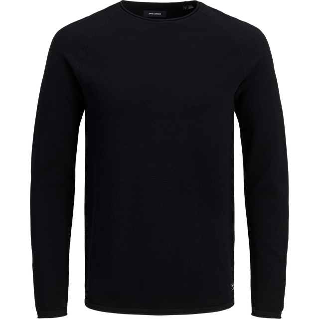 Lightweight Crew Neck Jumper in Structured Knit - Black - XL