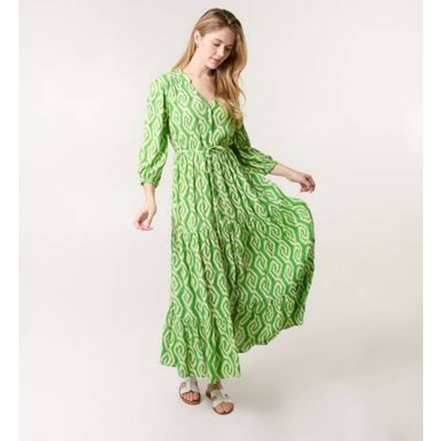 Green Abstract Button Front Belted Dress - M/L