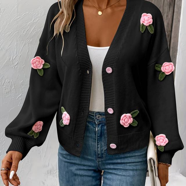 TEMU Women's Casual Acrylic Knit Cardigan With 3d Crochet Flowers, V-neck Button-up, Drop Shoulder Long Sleeve Sweater Jacket - Stretch, All Season