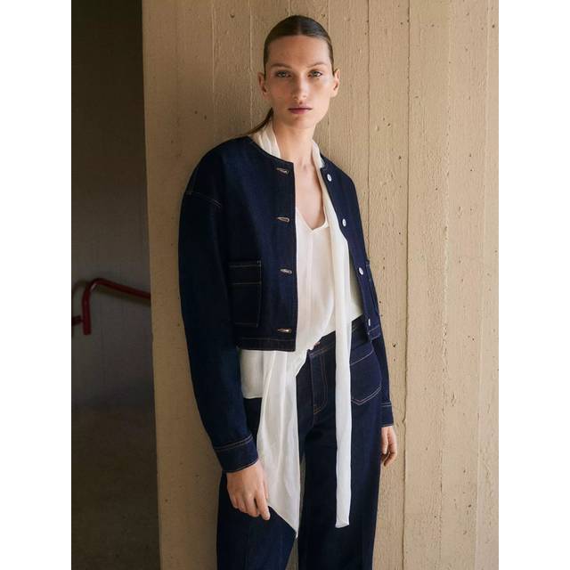 Mango Pipa Collarless Denim Jacket, Open Blue