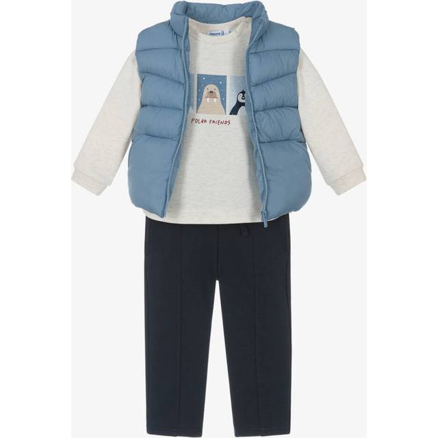 Mayoral Boys Ivory & Navy Blue Cotton Trouser Set With Light Blue Gilet - 3 year