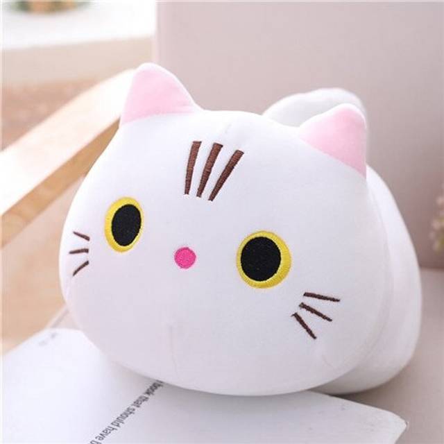 (25cm, White) Cute Soft Cat Plush Pillow Sofa Cushion Kawaii Plush Toy Stuffed Cartoon Animal Doll